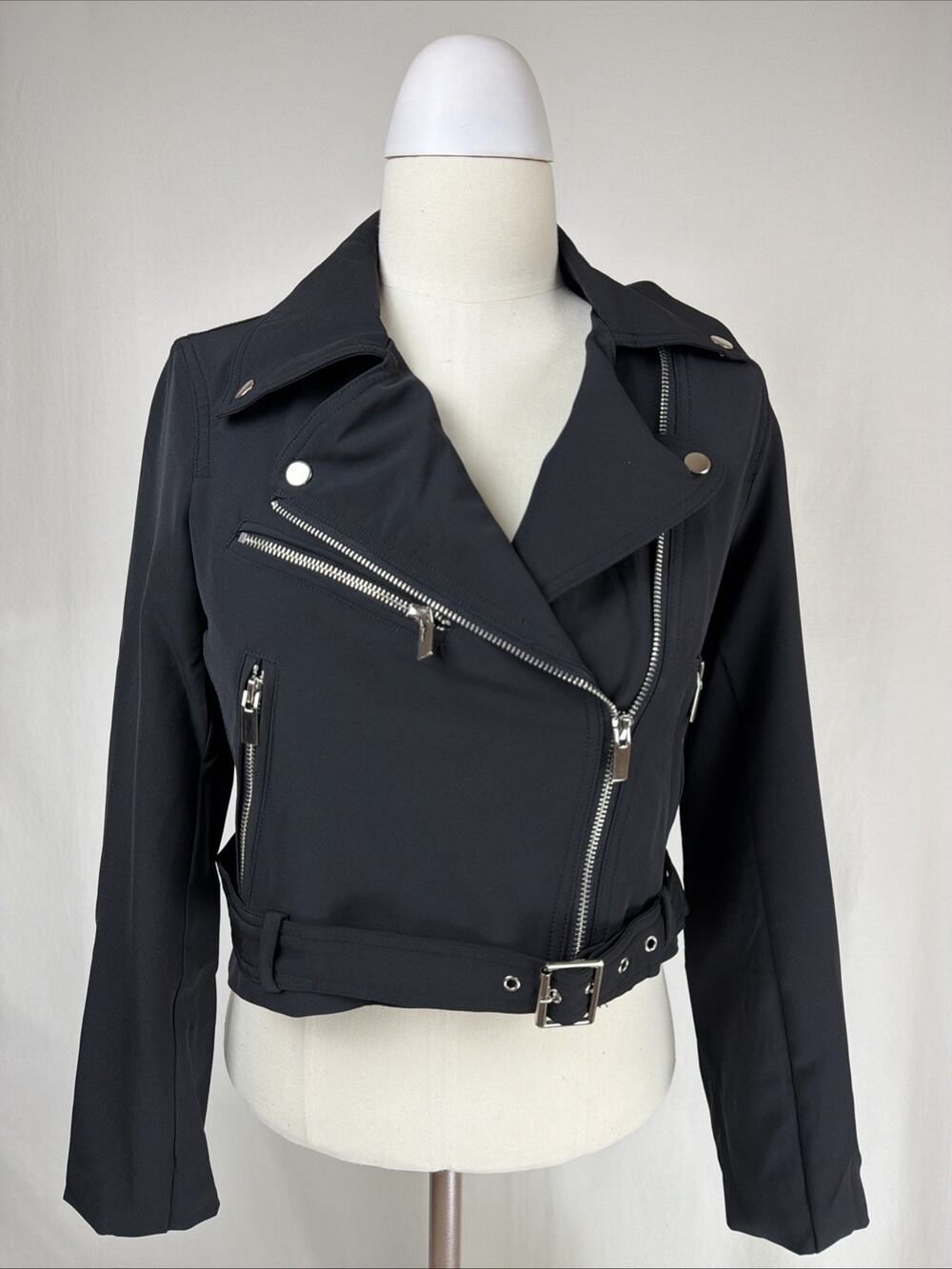NWT All Row Black Zipper Details Belted Cropped Moto Jacket SM #0719
